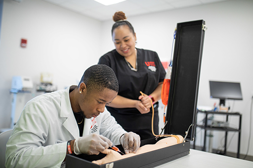 A student using a medical model and a student observing.