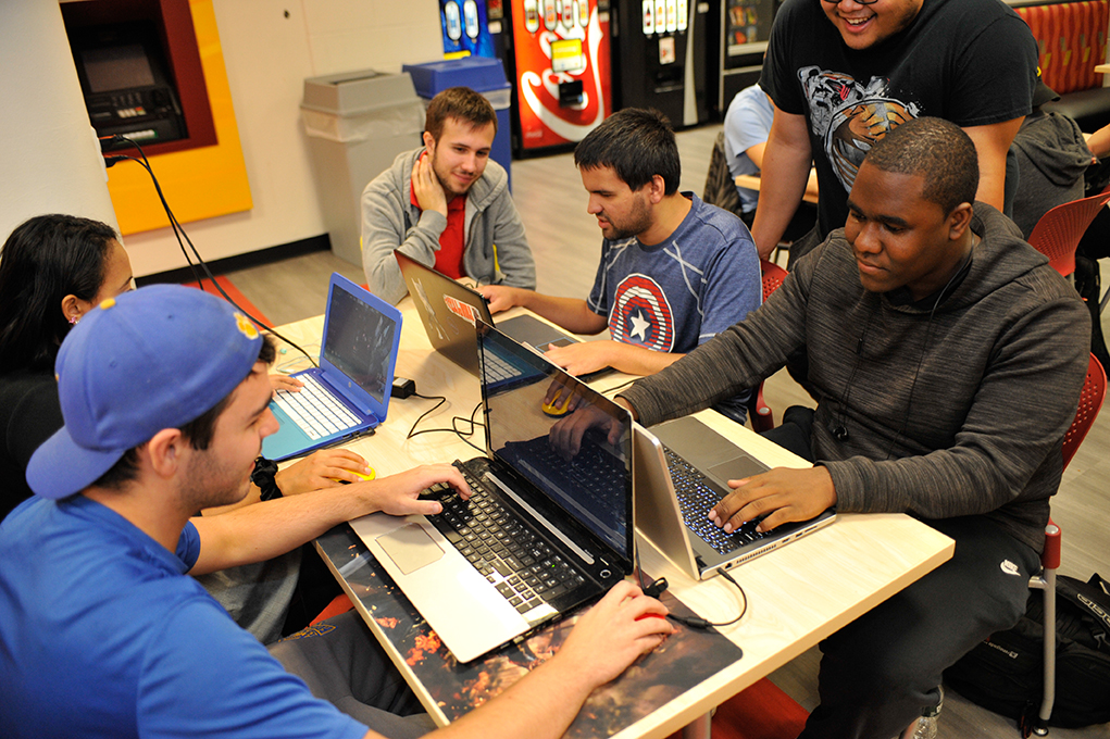 A group of students working on their laptops.